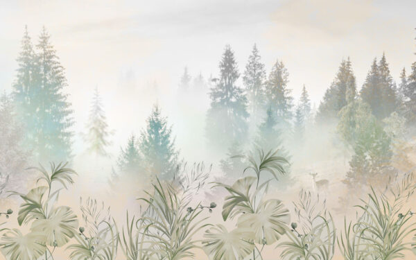 A foggy forest with plants and trees A foggy forest with plants and trees