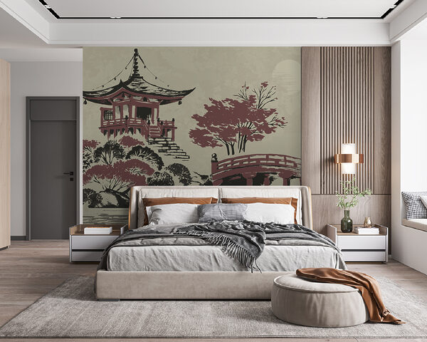 A painting of a pagoda and a bridge A painting of a pagoda and a bridge