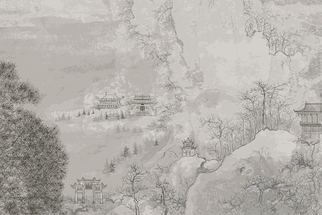 A painting of buildings on a mountain A painting of buildings on a mountain