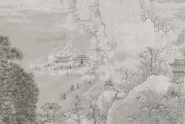 A painting of buildings on a mountain A painting of buildings on a mountain