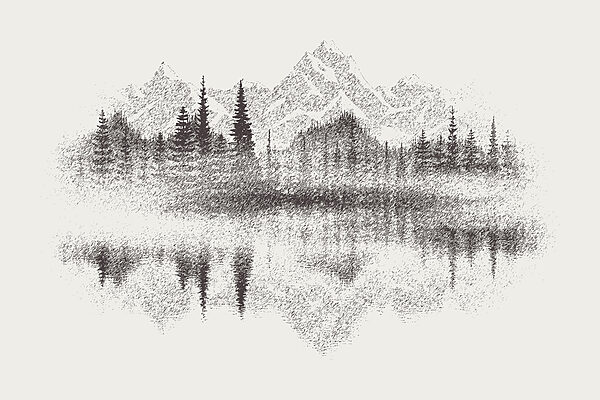 A mountain range and trees reflected in a lake A mountain range and trees reflected in a lake