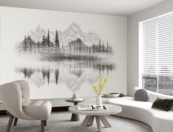 A mountain range and trees reflected in a lake A mountain range and trees reflected in a lake