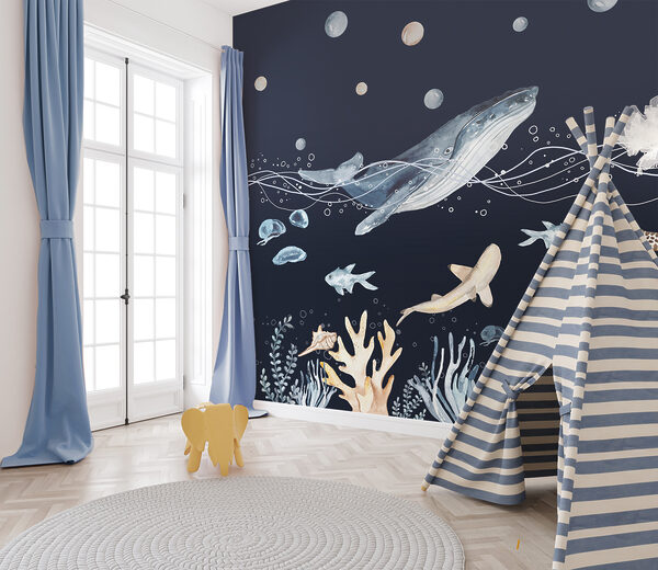 A watercolor of a whale and fish A watercolor of a whale and fish