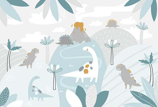 A cartoon dinosaur with a volcano and plants A cartoon dinosaur with a volcano and plants