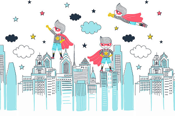 A cartoon of a superhero on a city A cartoon of a superhero on a city