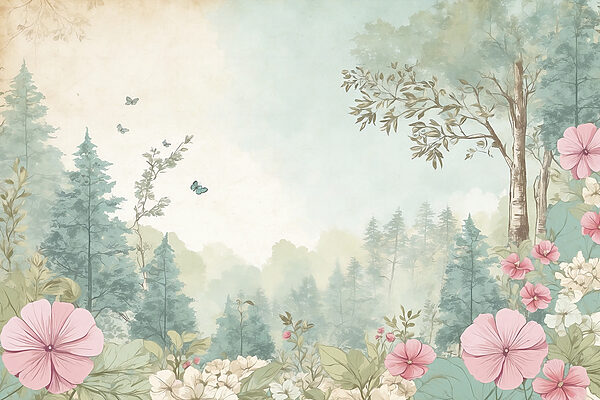 A painting of flowers and trees A painting of flowers and trees