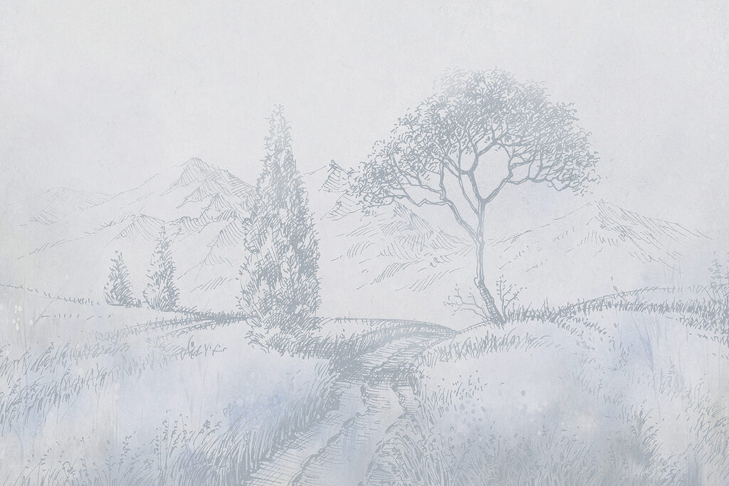 A drawing of a river with trees and mountains A drawing of a river with trees and mountains