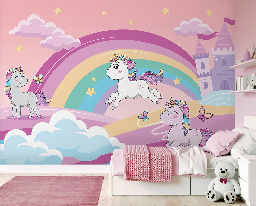A cartoon unicorns and a rainbow