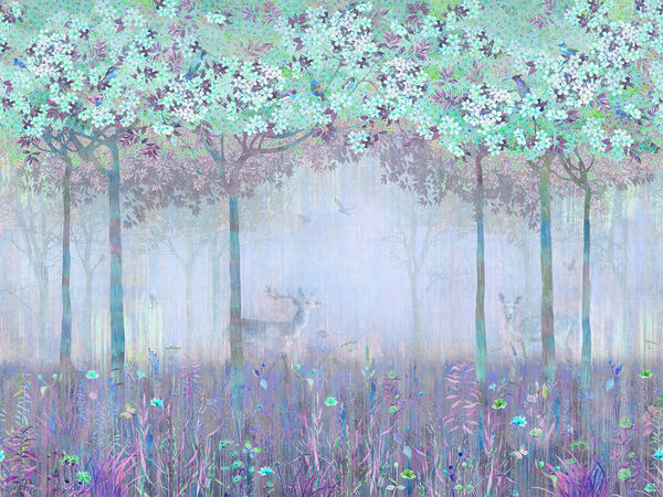 A painting of a forest with trees and flowers