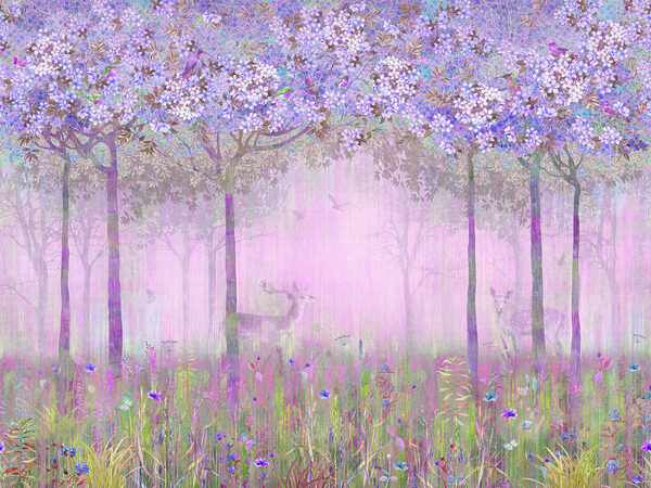 A painting of a forest with flowers A painting of a forest with flowers