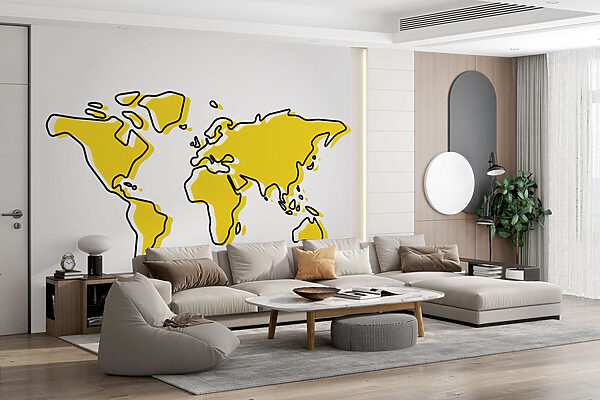 A yellow and black outline of a world map A yellow and black outline of a world map