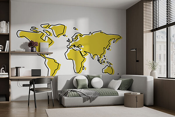 A yellow and black outline of a world map A yellow and black outline of a world map