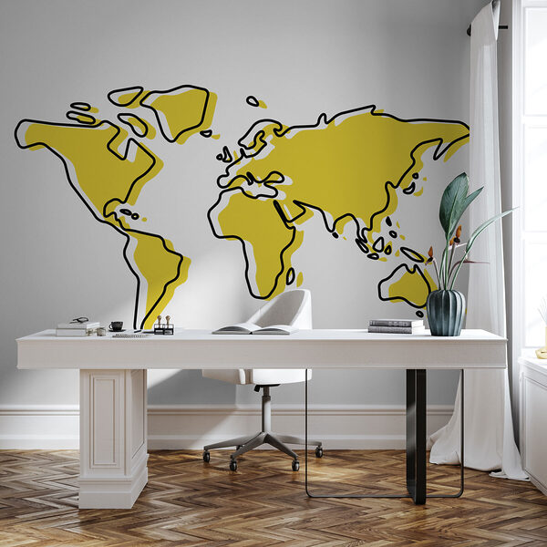 A yellow and black outline of a world map A yellow and black outline of a world map