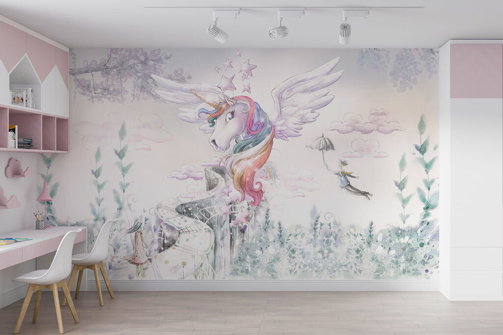 A unicorn with wings and a person flying A unicorn with wings and a person flying