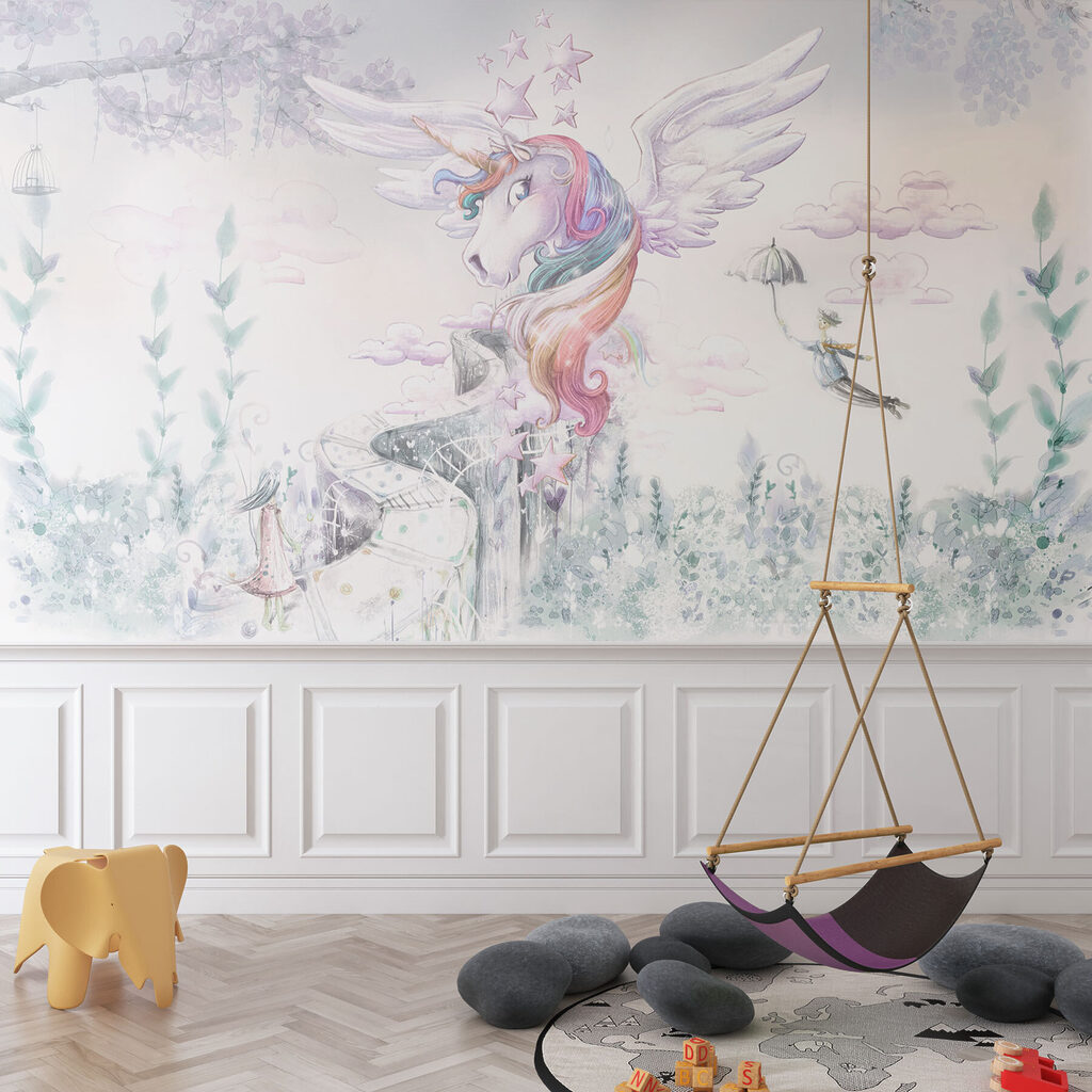 A unicorn with wings and a person flying A unicorn with wings and a person flying