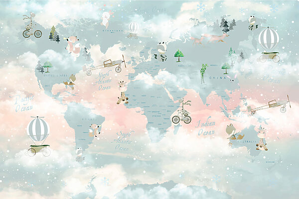 A map of the world with clouds and animals A map of the world with clouds and animals