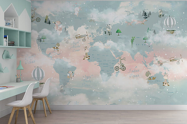 A map of the world with clouds and animals A map of the world with clouds and animals