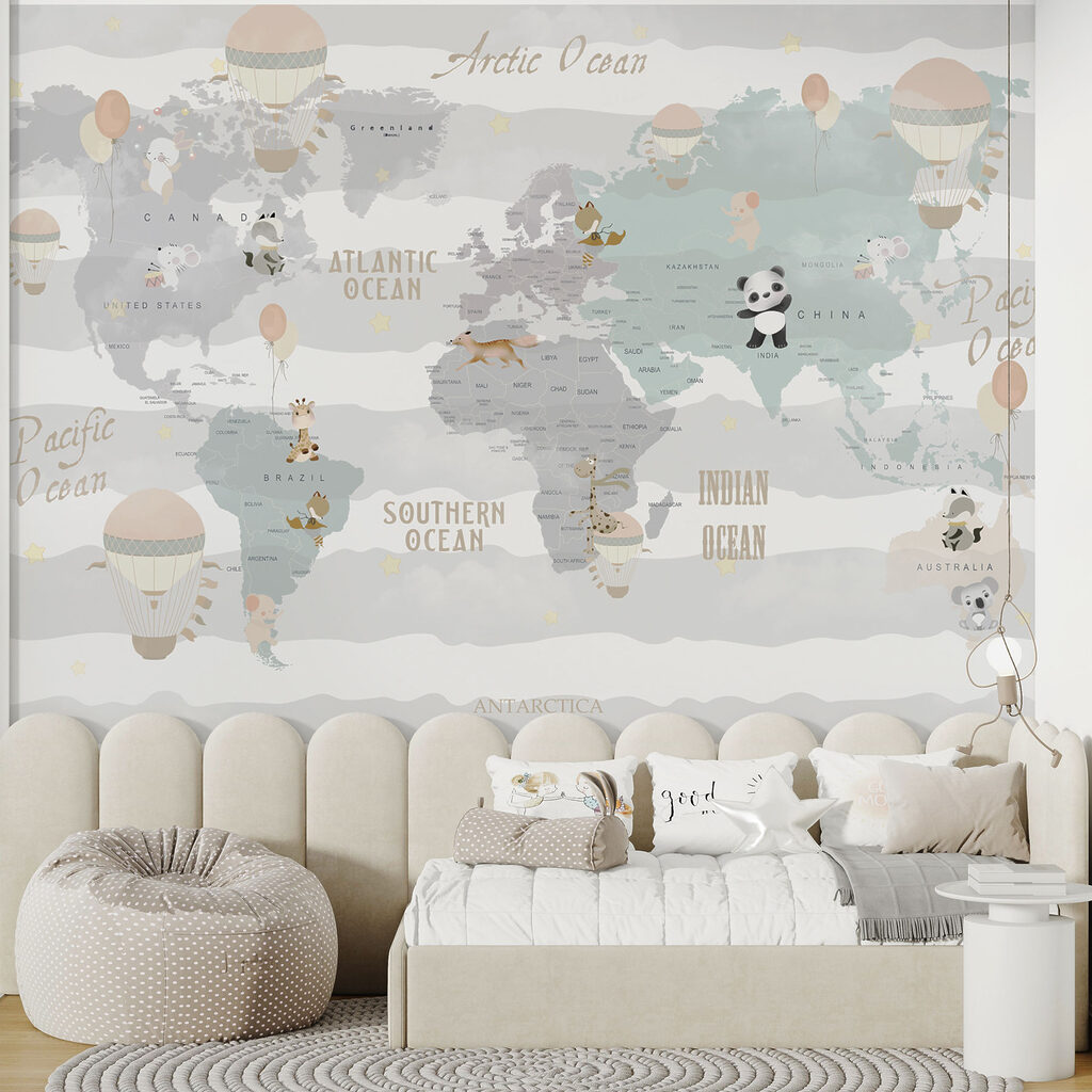 A map of the world with animals and balloons A map of the world with animals and balloons