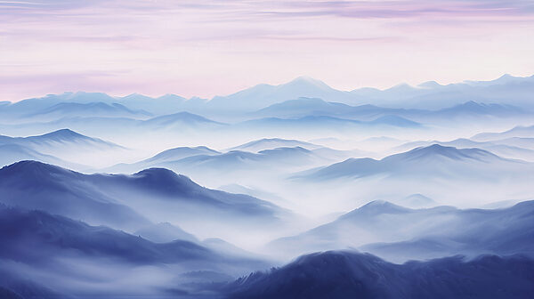 A landscape of mountains with fog A landscape of mountains with fog