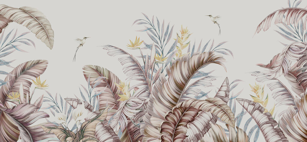 A painting of tropical plants and birds A painting of tropical plants and birds
