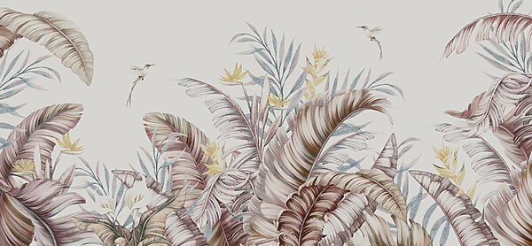 A painting of tropical plants and birds A painting of tropical plants and birds