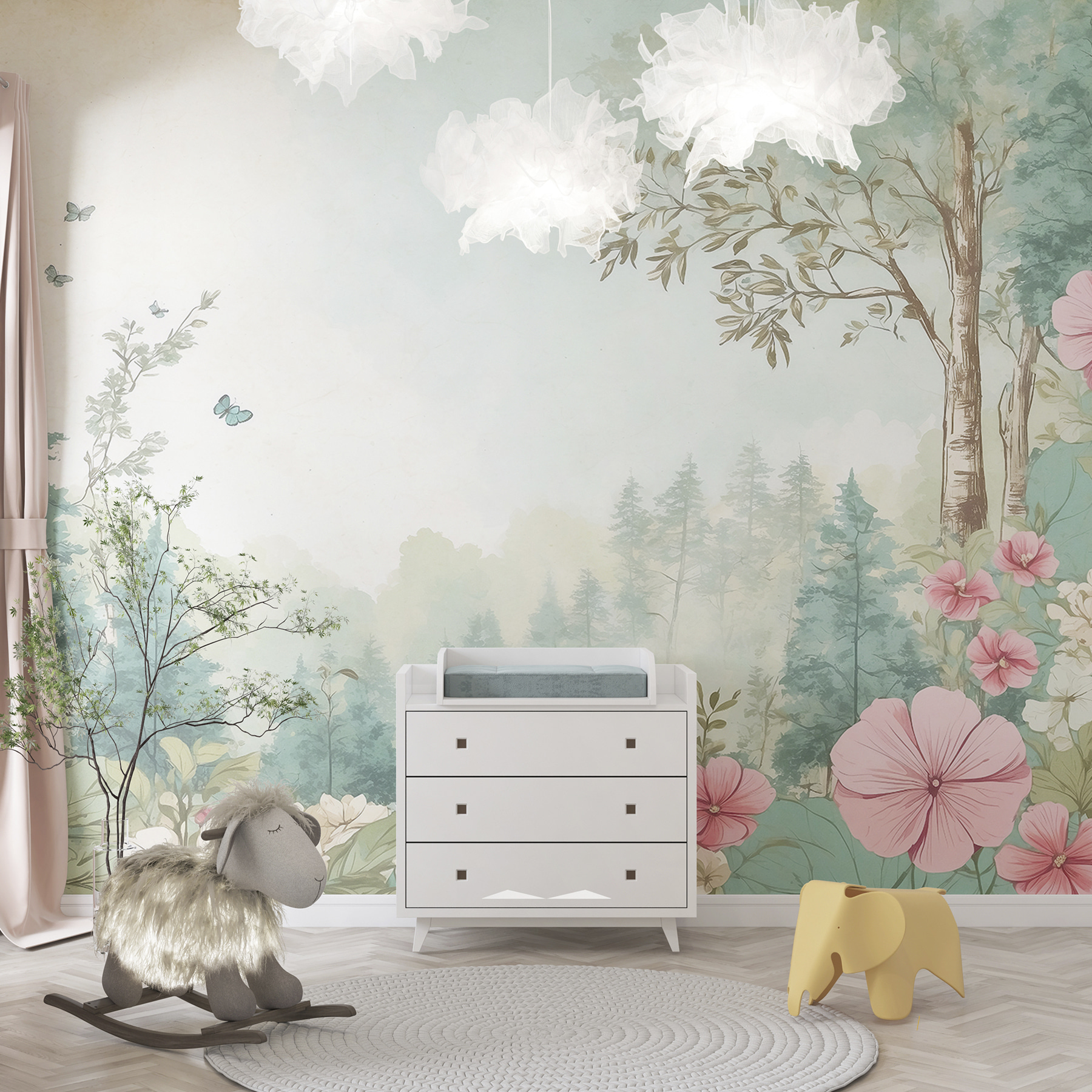 A painting of flowers and trees