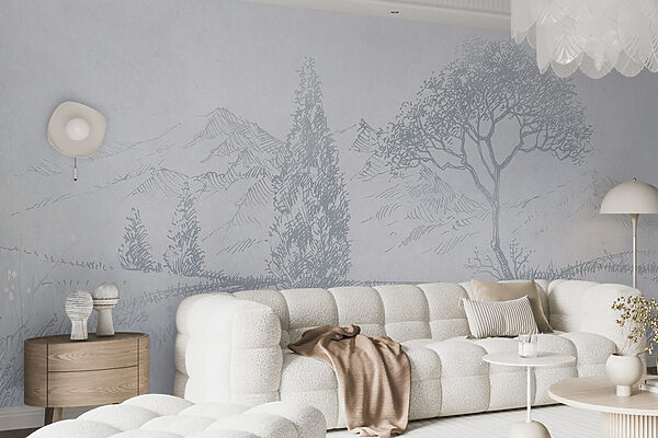 A drawing of a river with trees and mountains A drawing of a river with trees and mountains