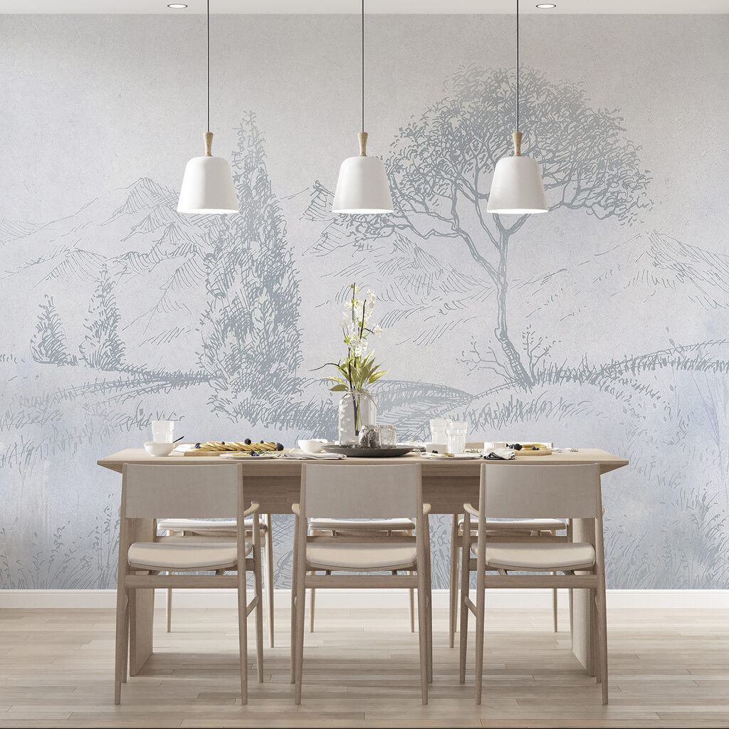 A drawing of a river with trees and mountains