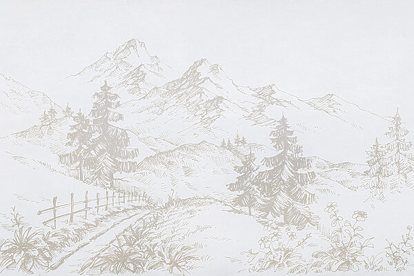 A drawing of a road and trees A drawing of a road and trees