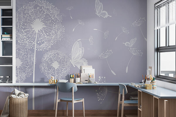 A white dandelions with butterflies flying