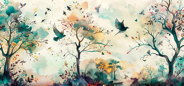 A painting of birds flying in the sky