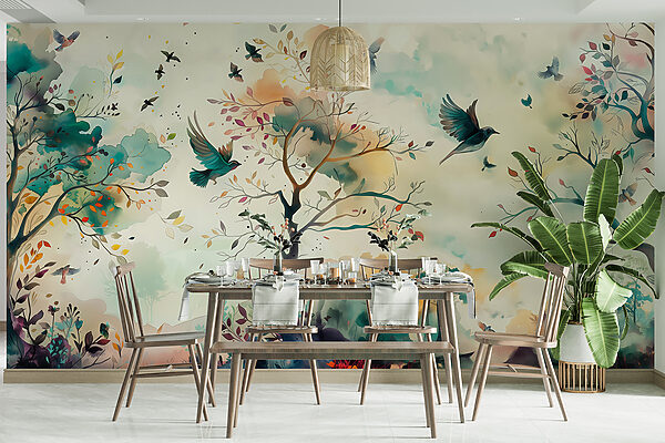 A painting of birds flying in the sky