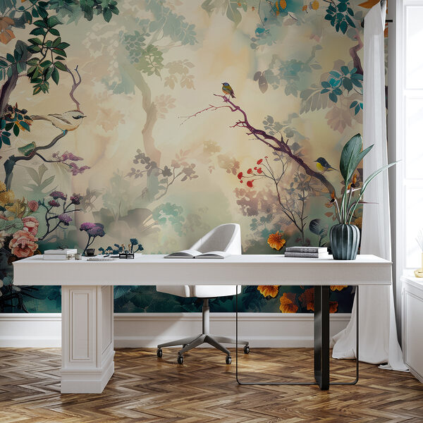 A painting of a tree with flowers and leaves A painting of a tree with flowers and leaves