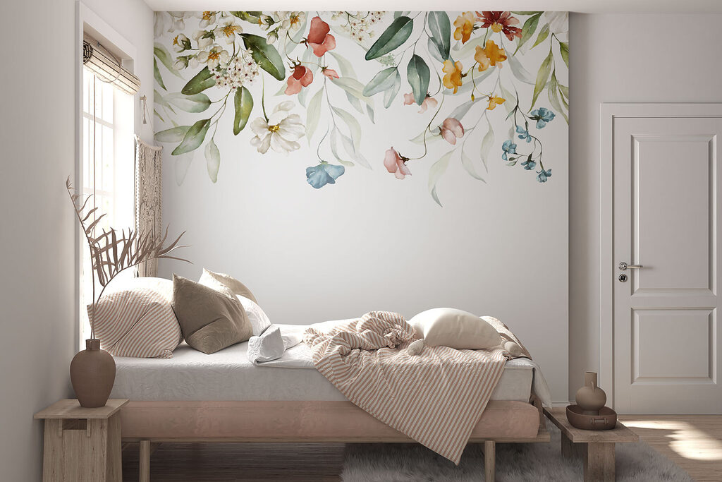 A watercolor painting of flowers and leaves