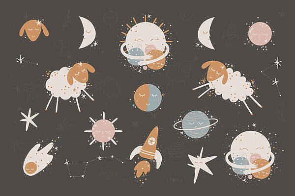 A group of cartoon images of planets and stars A group of cartoon images of planets and stars