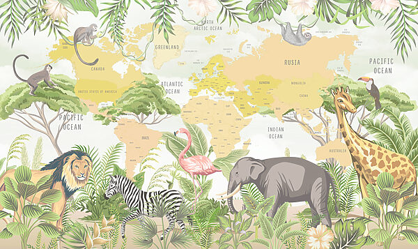 A map of the world with animals A map of the world with animals