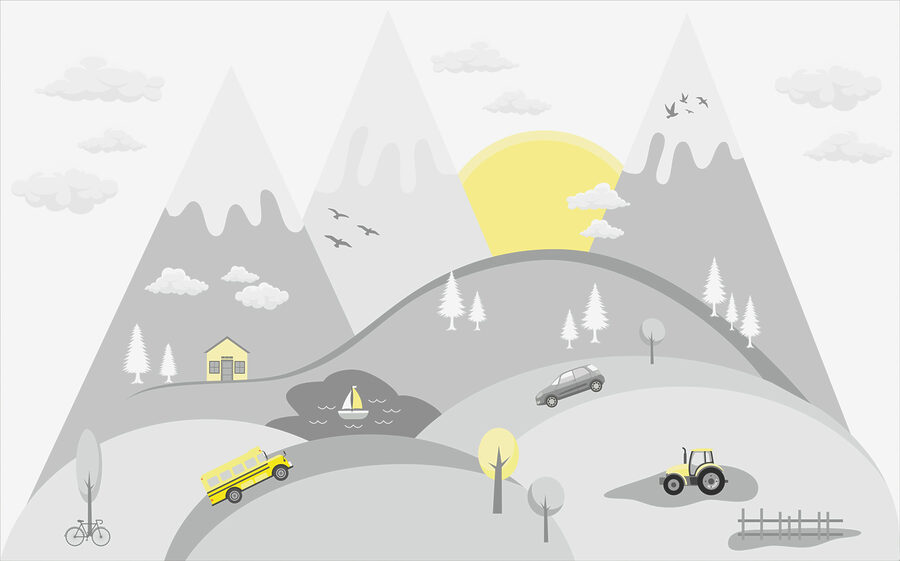 Wall murals A cartoon of cars and trucks on a hill - Image 4