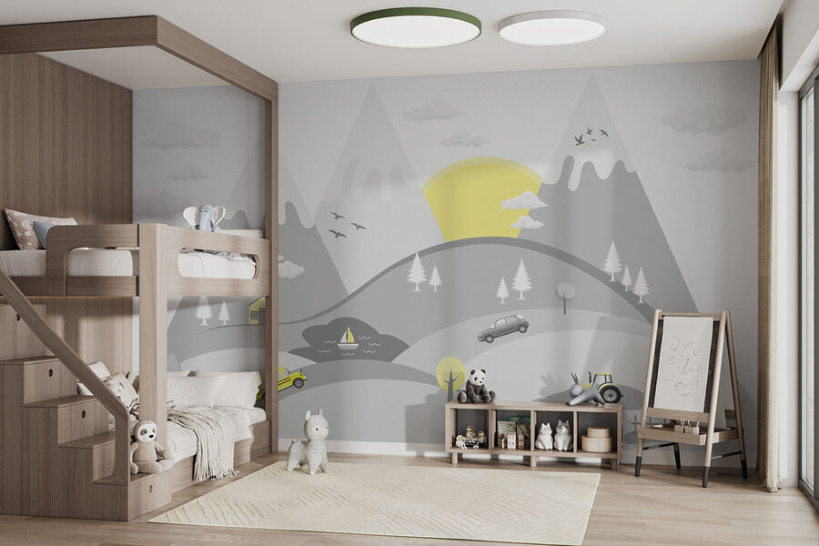Wall murals A cartoon of cars and trucks on a hill