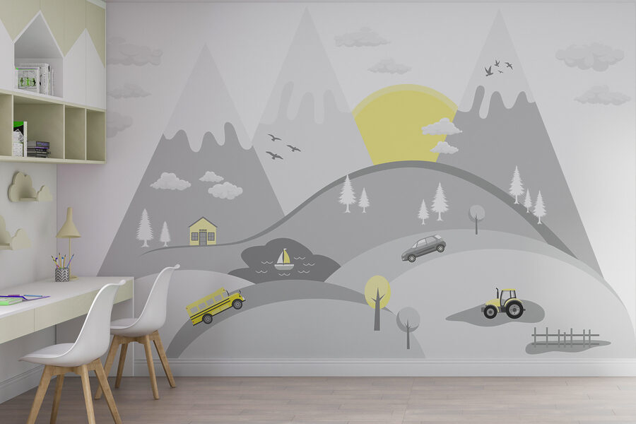 Wall murals A cartoon of cars and trucks on a hill - Image 3