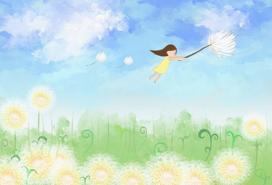 A girl flying on a dandelion