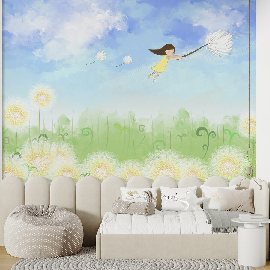 A girl flying on a dandelion