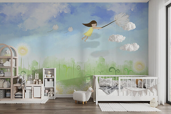 A girl flying on a dandelion A girl flying on a dandelion