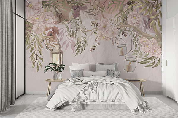 A painting of a tree with flowers and lanterns A painting of a tree with flowers and lanterns