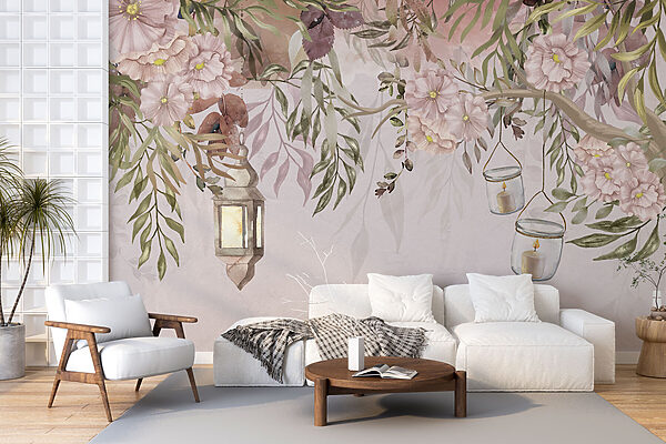A painting of a tree with flowers and lanterns A painting of a tree with flowers and lanterns