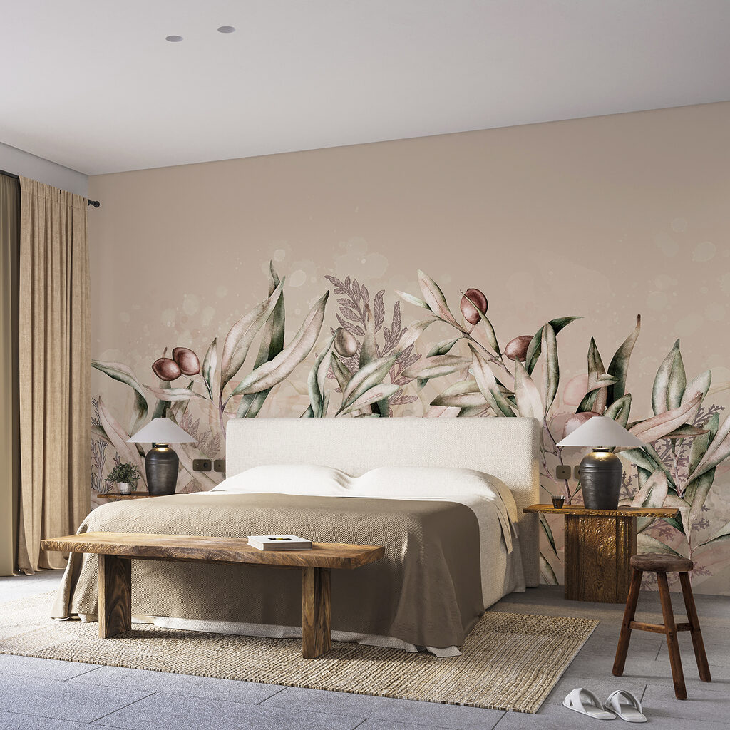 A painting of leaves and fruits