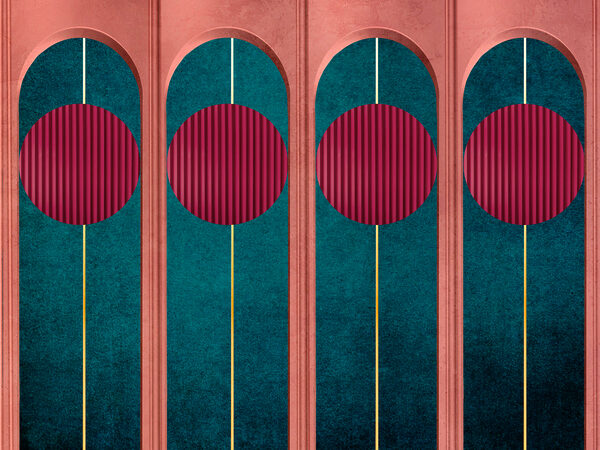 A wall with red circles and blue and green walls A wall with red circles and blue and green walls