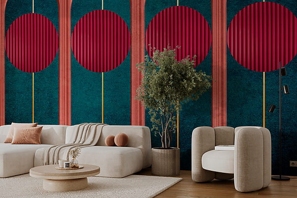 A wall with red circles and blue and green walls A wall with red circles and blue and green walls