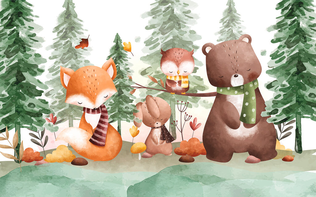 A group of animals in a forest A group of animals in a forest