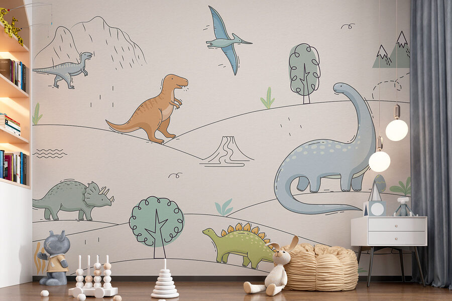 A drawing of dinosaurs and mountains A drawing of dinosaurs and mountains