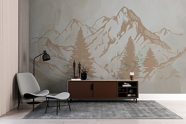 A drawing of mountains and trees A drawing of mountains and trees
